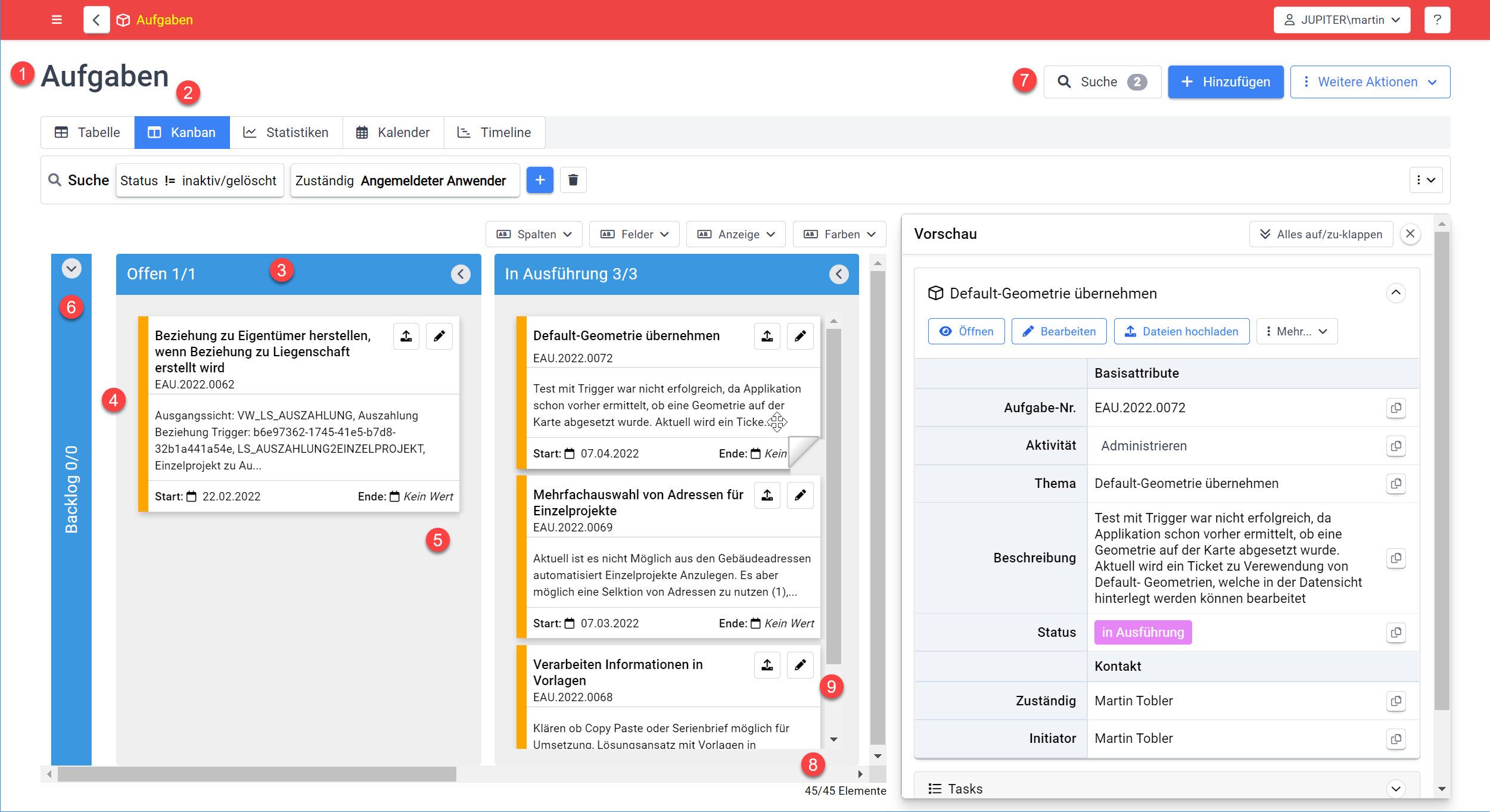 **Kanban-Board-Anzeige eines ausgewählten Themas**