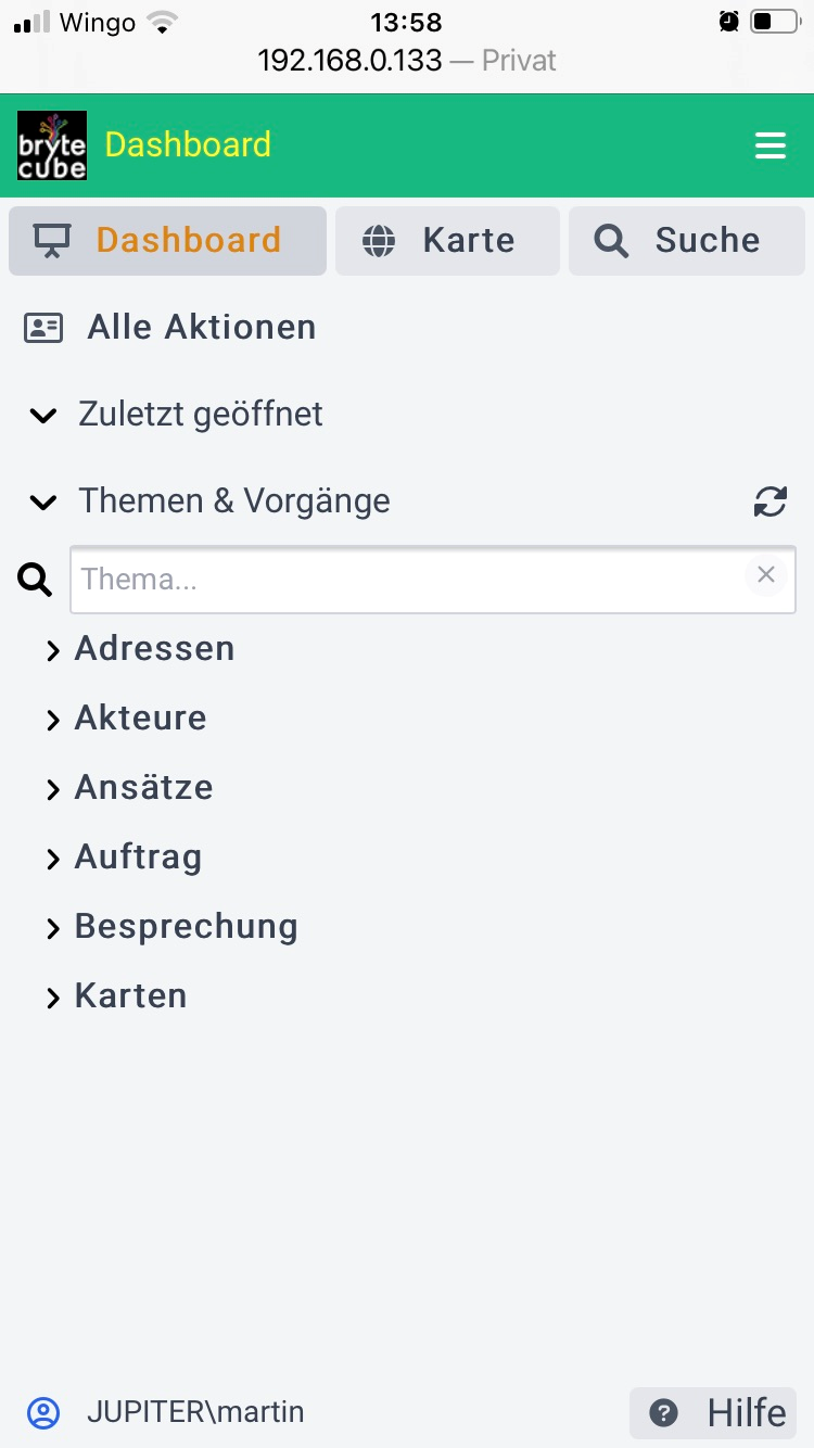 Mobile Anwendung - Einstiegsseite mit Menu