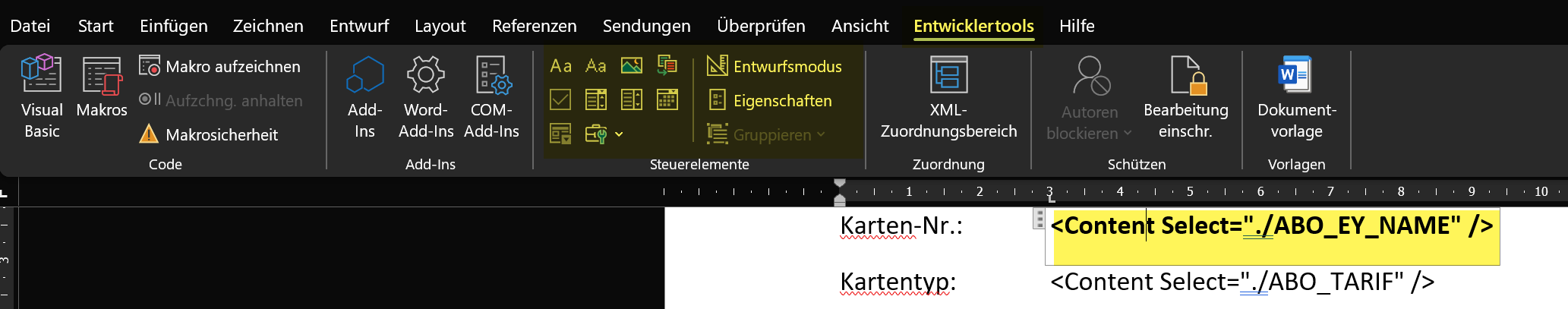 Anzeige der Entwicklertools im Wordmenu